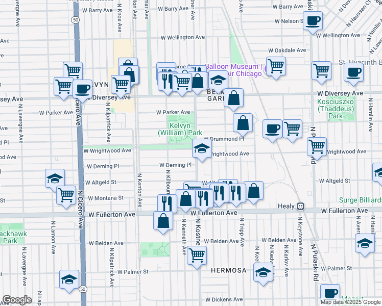 map of restaurants, bars, coffee shops, grocery stores, and more near 4343 West Wrightwood Avenue in Chicago