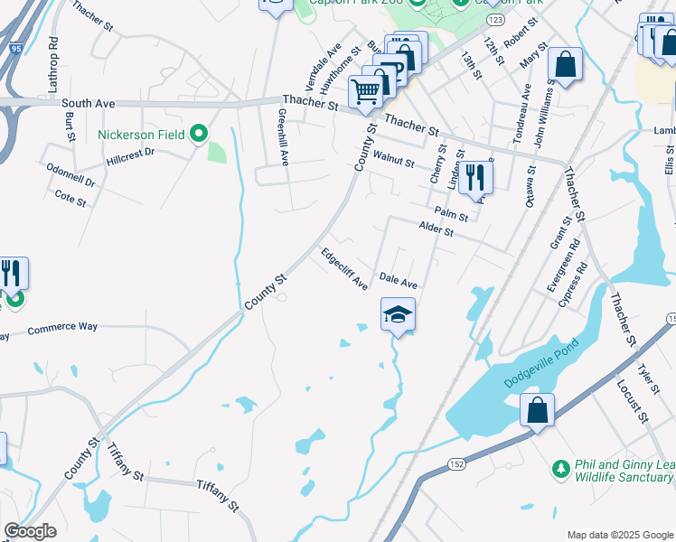 map of restaurants, bars, coffee shops, grocery stores, and more near 35 Edgecliff Avenue in Attleboro