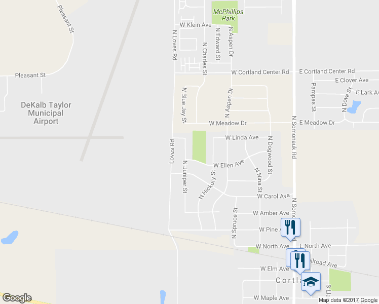 map of restaurants, bars, coffee shops, grocery stores, and more near 212 North Juniper Street in Cortland