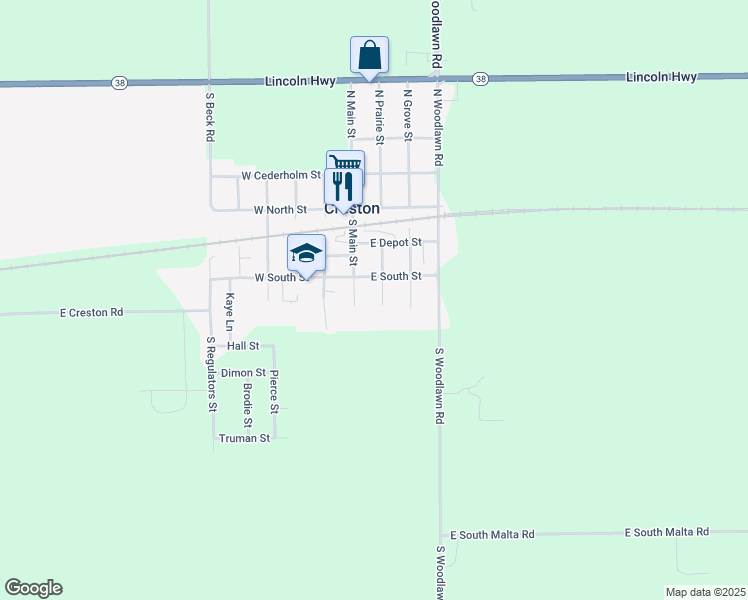 map of restaurants, bars, coffee shops, grocery stores, and more near 319 South Prairie Street in Rochelle
