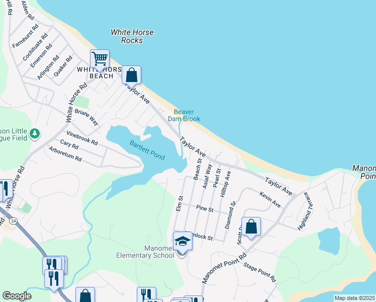 map of restaurants, bars, coffee shops, grocery stores, and more near 124 Taylor Avenue in Plymouth
