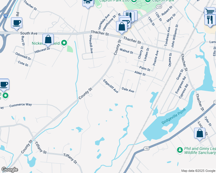 map of restaurants, bars, coffee shops, grocery stores, and more near 35 Edgecliff Avenue in Attleboro