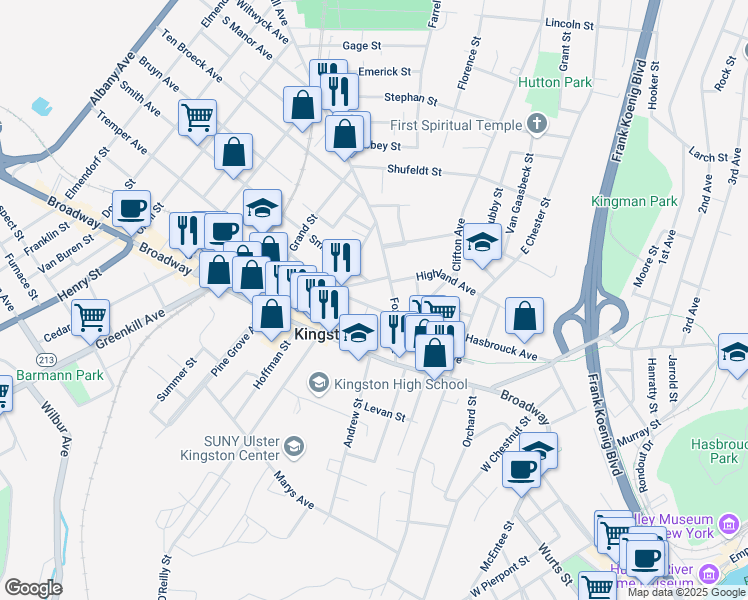 map of restaurants, bars, coffee shops, grocery stores, and more near 408 Hasbrouck Avenue in Kingston