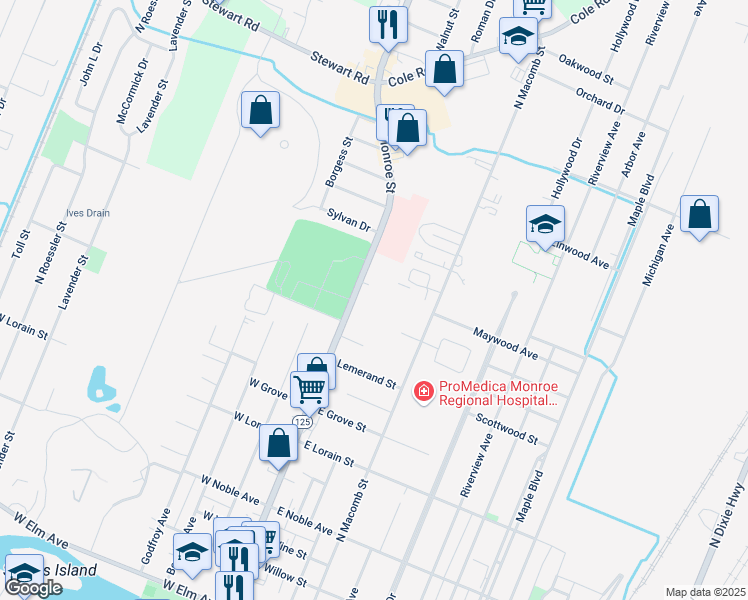 map of restaurants, bars, coffee shops, grocery stores, and more near 927 North Macomb Street in Monroe