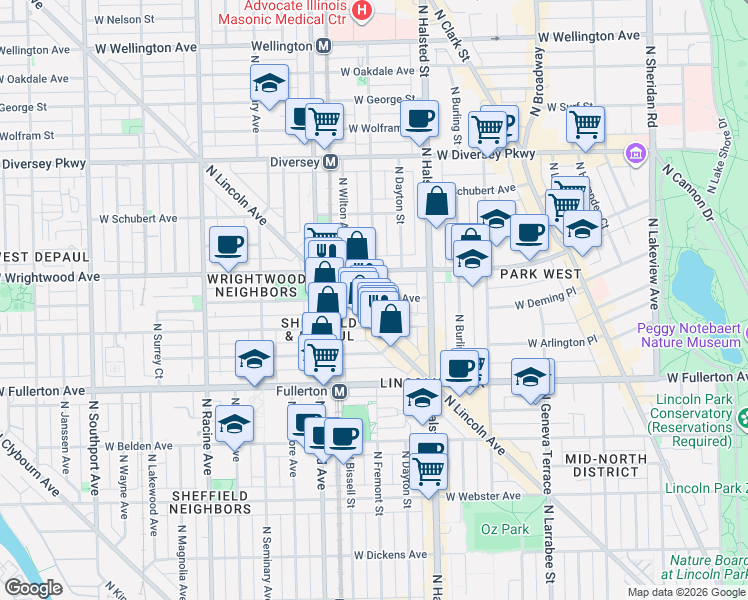 map of restaurants, bars, coffee shops, grocery stores, and more near 855 West Lill Avenue in Chicago