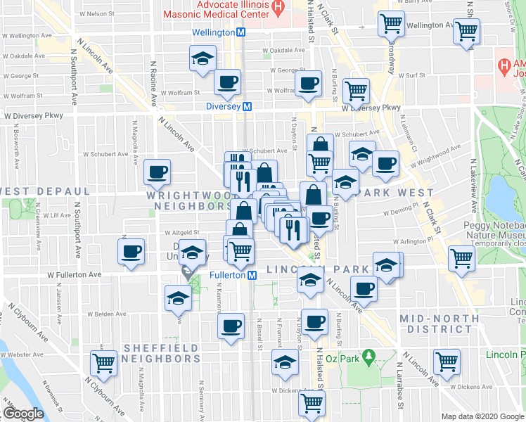 map of restaurants, bars, coffee shops, grocery stores, and more near in Chicago