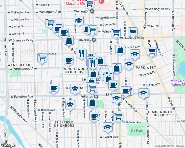 map of restaurants, bars, coffee shops, grocery stores, and more near 2518 North Sheffield Avenue in Chicago