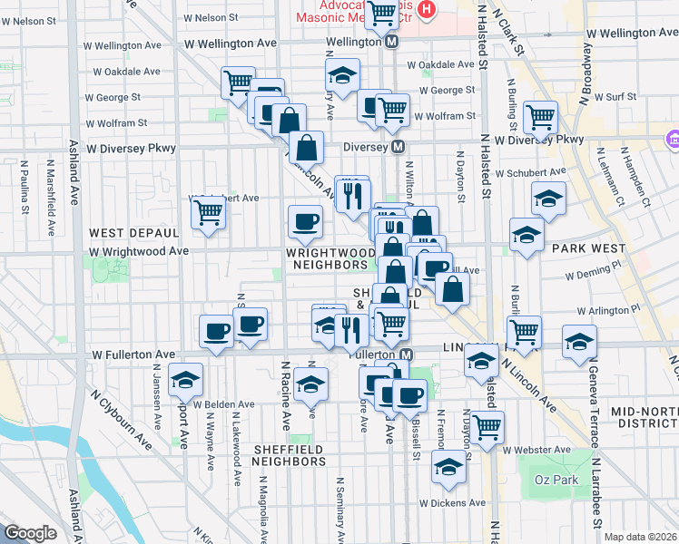 map of restaurants, bars, coffee shops, grocery stores, and more near 1043 West Lill Avenue in Chicago
