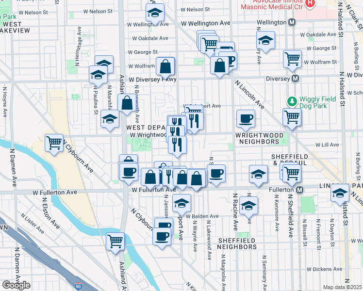 map of restaurants, bars, coffee shops, grocery stores, and more near 2531 North Southport Avenue in Chicago