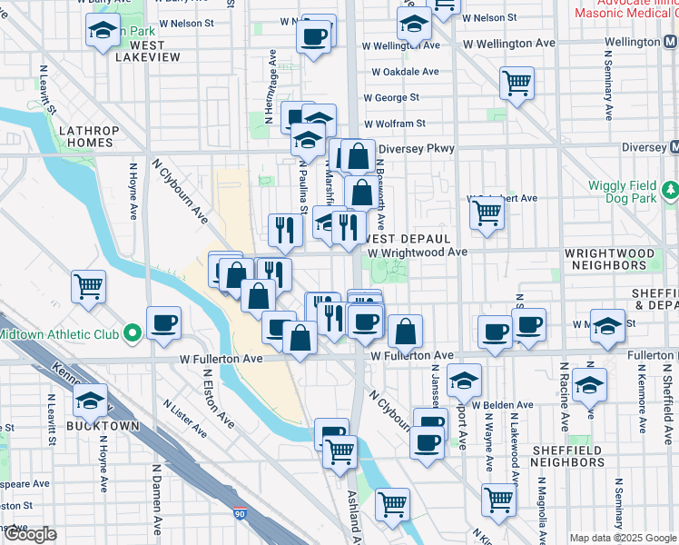 map of restaurants, bars, coffee shops, grocery stores, and more near 2537 North Marshfield Avenue in Chicago