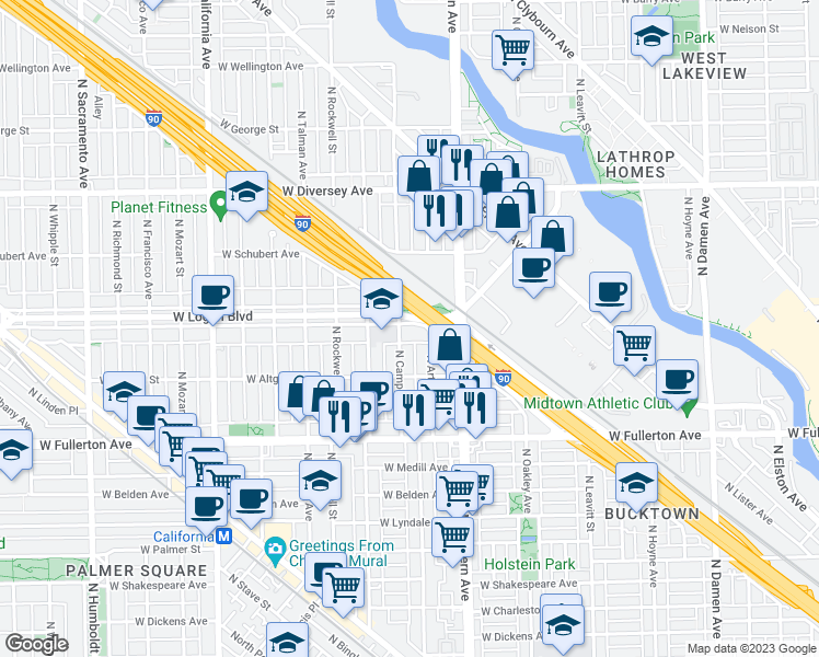 map of restaurants, bars, coffee shops, grocery stores, and more near 2518 North Campbell Avenue in Chicago