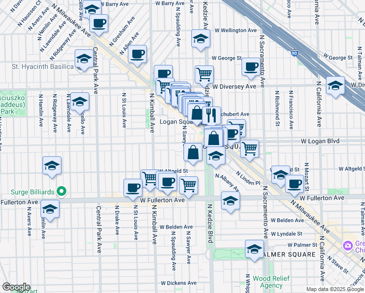 map of restaurants, bars, coffee shops, grocery stores, and more near 3261 West Wrightwood Avenue in Chicago