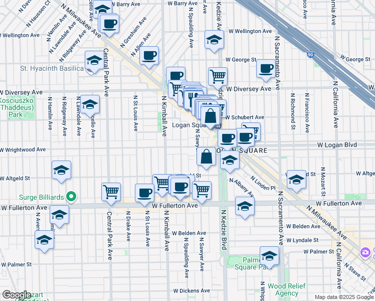 map of restaurants, bars, coffee shops, grocery stores, and more near 3303 West Wrightwood Avenue in Chicago