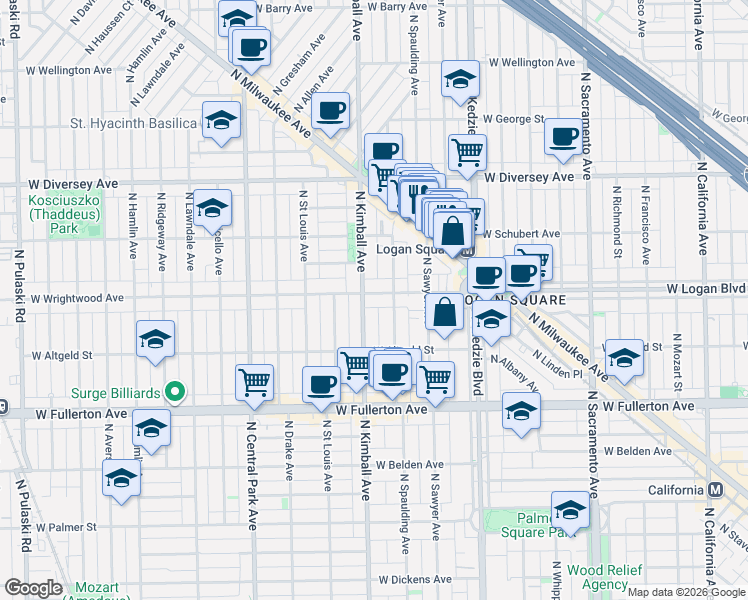 map of restaurants, bars, coffee shops, grocery stores, and more near 3303 West Wrightwood Avenue in Chicago