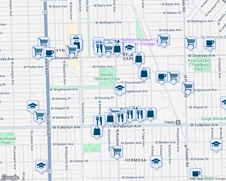 map of restaurants, bars, coffee shops, grocery stores, and more near 4343 West Wrightwood Avenue in Chicago