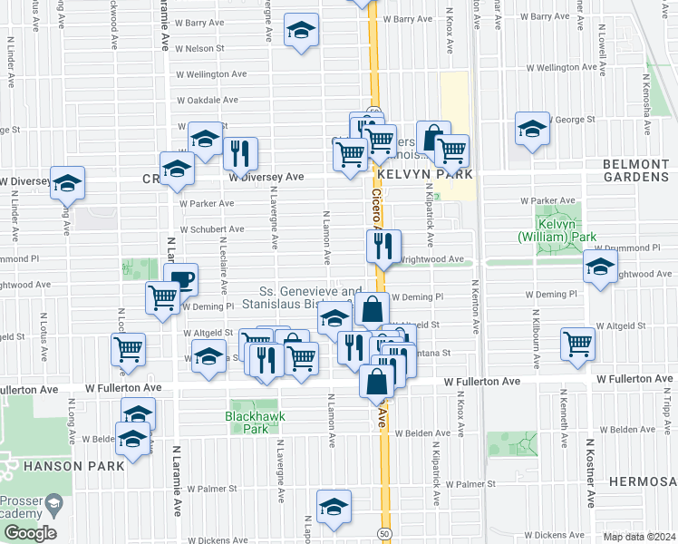 map of restaurants, bars, coffee shops, grocery stores, and more near 4846 West Wrightwood Avenue in Chicago