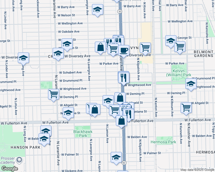 map of restaurants, bars, coffee shops, grocery stores, and more near 4846 West Wrightwood Avenue in Chicago