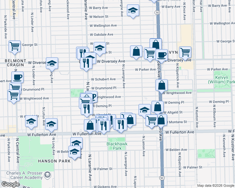 map of restaurants, bars, coffee shops, grocery stores, and more near 5040 West Wrightwood Avenue in Chicago