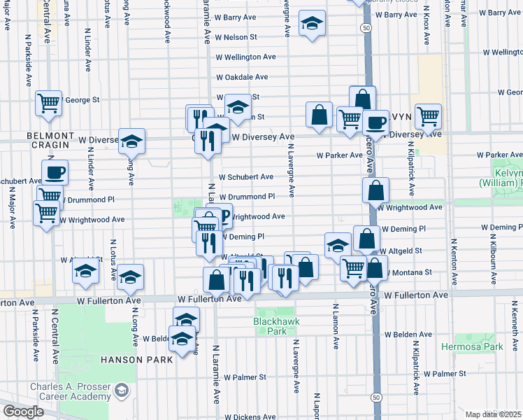 map of restaurants, bars, coffee shops, grocery stores, and more near 5040 West Wrightwood Avenue in Chicago