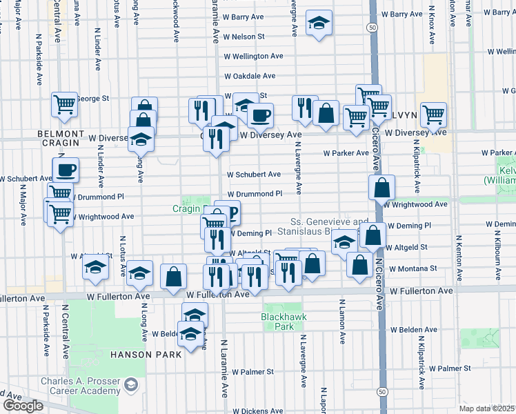 map of restaurants, bars, coffee shops, grocery stores, and more near 5112 West Wrightwood Avenue in Chicago