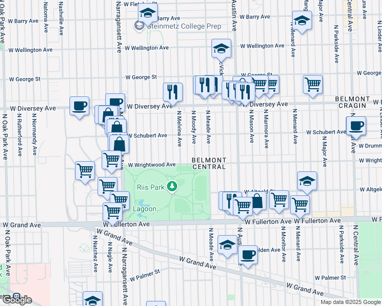 map of restaurants, bars, coffee shops, grocery stores, and more near 2614 North Moody Avenue in Chicago