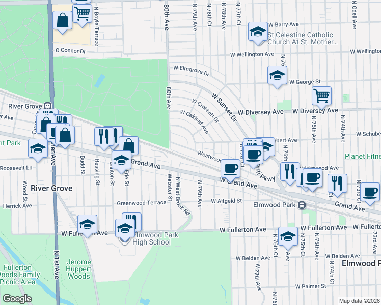 map of restaurants, bars, coffee shops, grocery stores, and more near 7849 Westwood in Elmwood Park