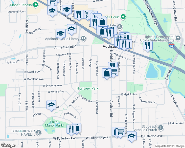 map of restaurants, bars, coffee shops, grocery stores, and more near 22 North Church Street in Addison