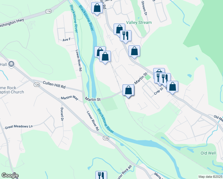 map of restaurants, bars, coffee shops, grocery stores, and more near 91 Martin Street in Cumberland