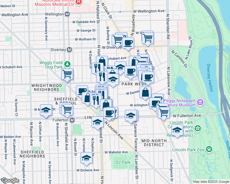map of restaurants, bars, coffee shops, grocery stores, and more near 2506 North Orchard Street in Chicago