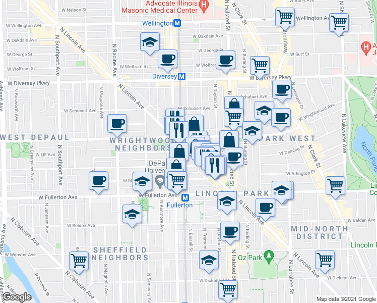 map of restaurants, bars, coffee shops, grocery stores, and more near N Lincoln Ave & W Lill Ave in Chicago