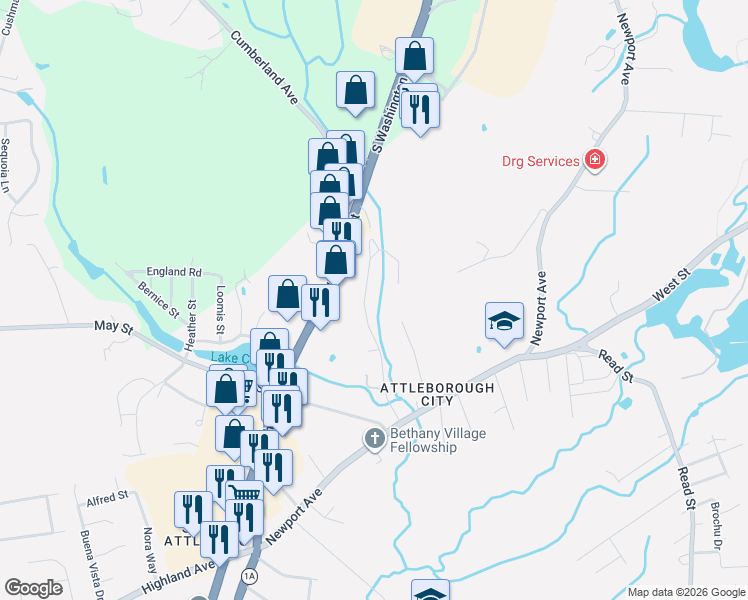 map of restaurants, bars, coffee shops, grocery stores, and more near 115 Cumberland Avenue in Attleboro