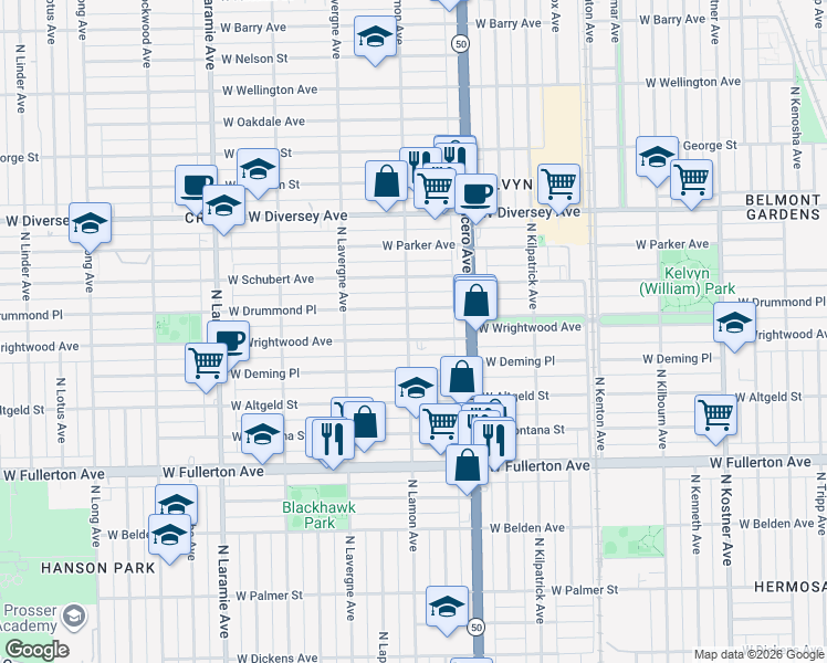 map of restaurants, bars, coffee shops, grocery stores, and more near 4846 West Wrightwood Avenue in Chicago
