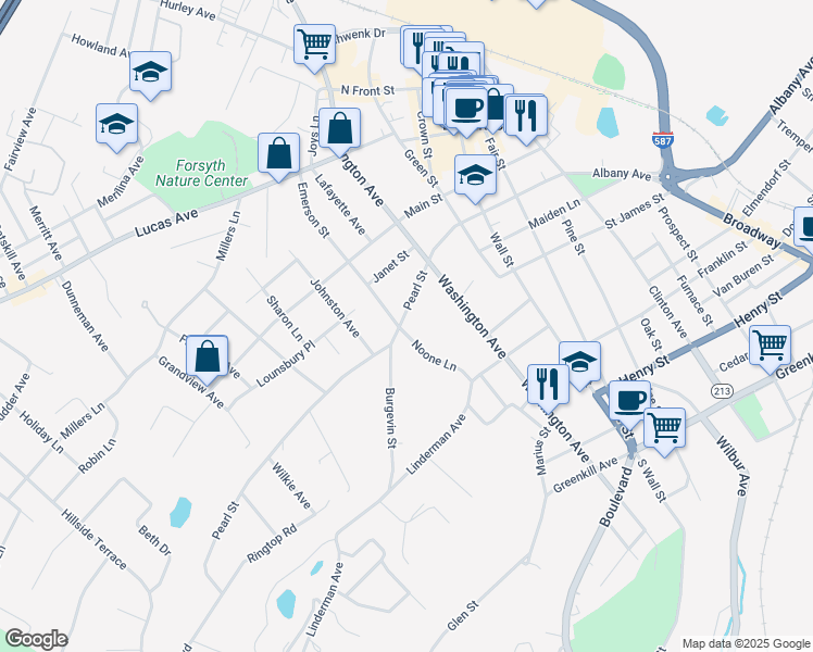 map of restaurants, bars, coffee shops, grocery stores, and more near 188 Pearl Street in Kingston