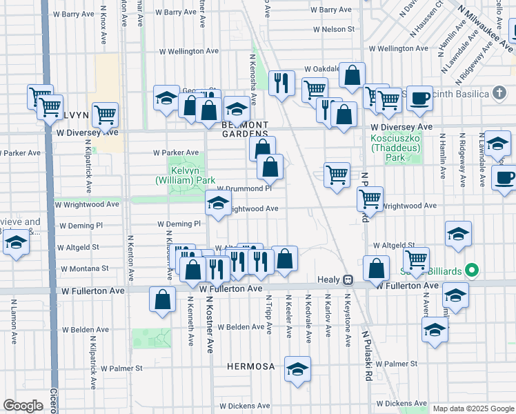map of restaurants, bars, coffee shops, grocery stores, and more near 4240 West Wrightwood Avenue in Chicago