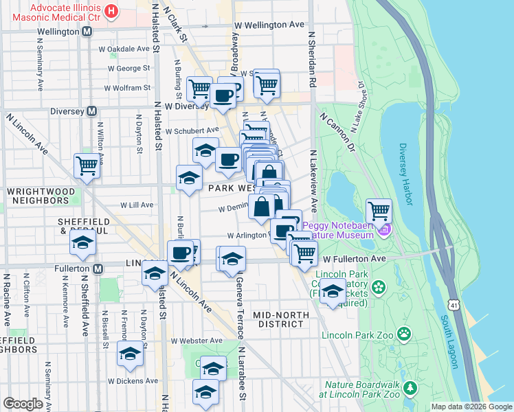 map of restaurants, bars, coffee shops, grocery stores, and more near 519 West Deming Place in Chicago