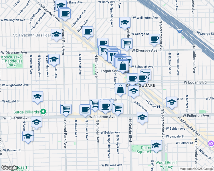 map of restaurants, bars, coffee shops, grocery stores, and more near 3287 West Wrightwood Avenue in Chicago