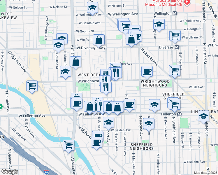 map of restaurants, bars, coffee shops, grocery stores, and more near 2531 North Southport Avenue in Chicago