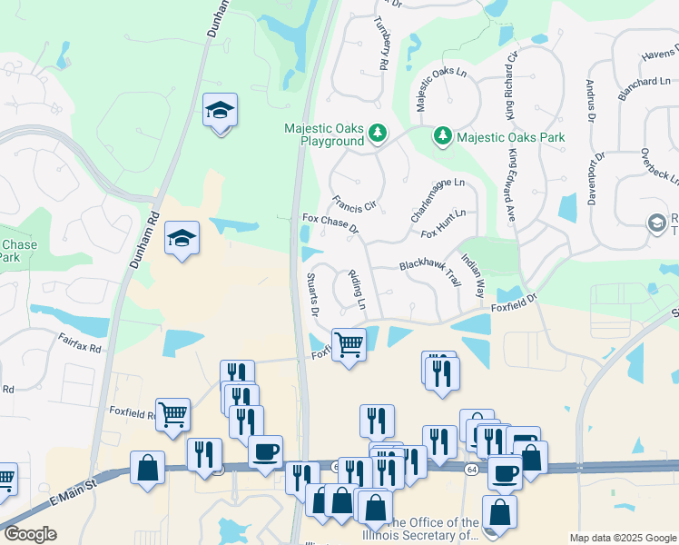 map of restaurants, bars, coffee shops, grocery stores, and more near 887 Riding Lane in St. Charles