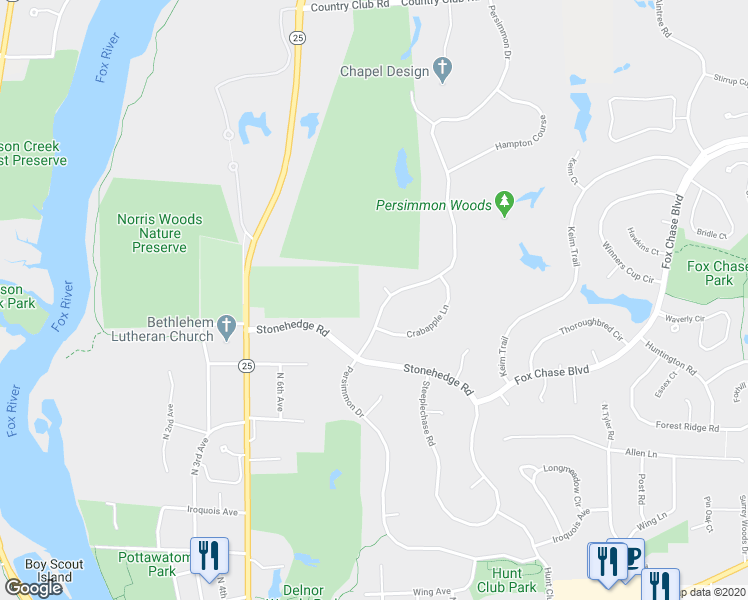 map of restaurants, bars, coffee shops, grocery stores, and more near 1315 Persimmon Drive in St. Charles