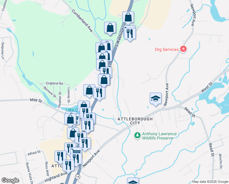 map of restaurants, bars, coffee shops, grocery stores, and more near 115 Cumberland Avenue in Attleboro