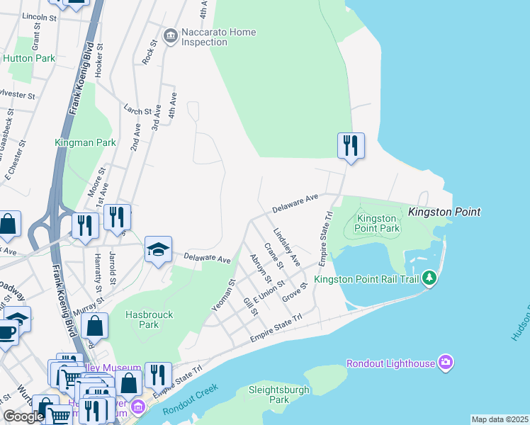 map of restaurants, bars, coffee shops, grocery stores, and more near 82 Lindsley Avenue in Kingston