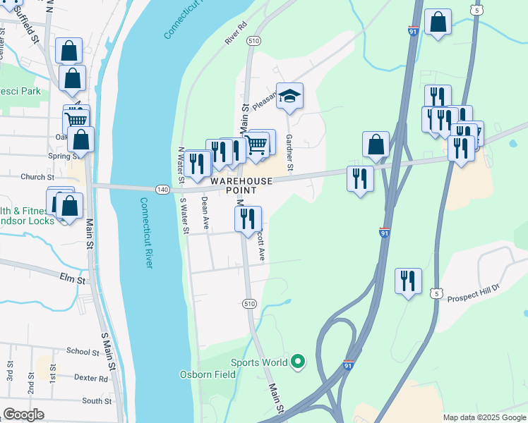 map of restaurants, bars, coffee shops, grocery stores, and more near 108 Main Street in East Windsor