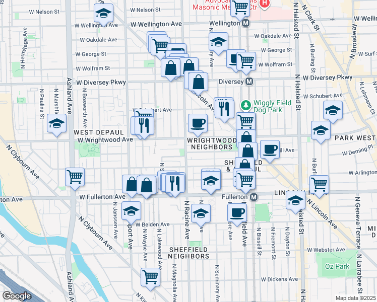 map of restaurants, bars, coffee shops, grocery stores, and more near 1156 West Lill Avenue in Chicago