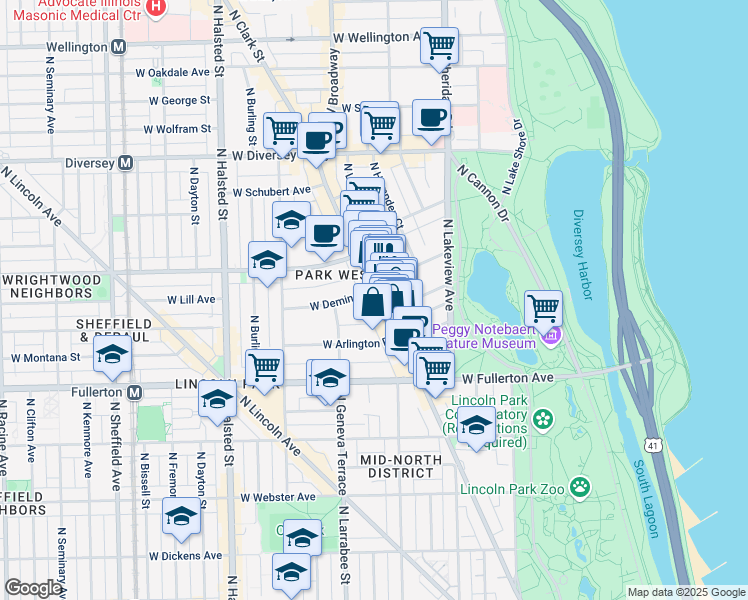map of restaurants, bars, coffee shops, grocery stores, and more near 2508 North Clark Street in Chicago