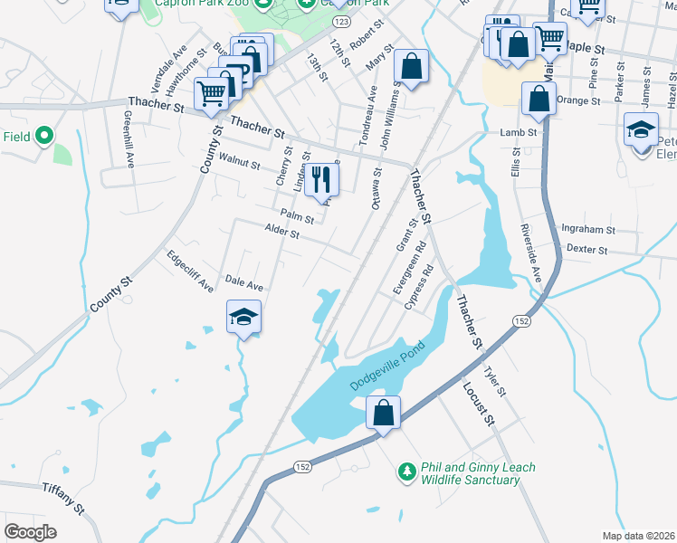 map of restaurants, bars, coffee shops, grocery stores, and more near 23 Bellmore Street in Attleboro