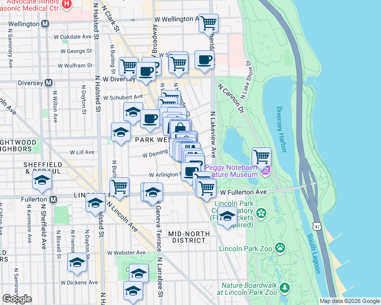 map of restaurants, bars, coffee shops, grocery stores, and more near 456 West Saint James Place in Chicago
