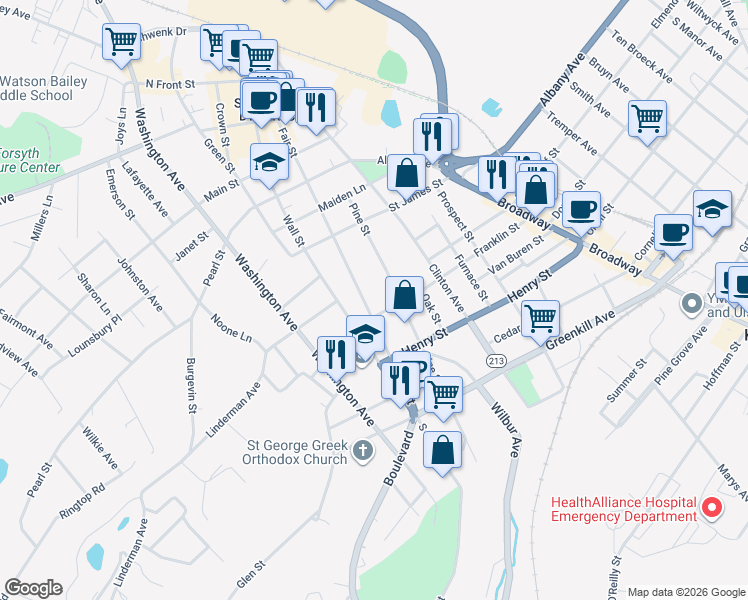 map of restaurants, bars, coffee shops, grocery stores, and more near 104 Fair Street in Kingston