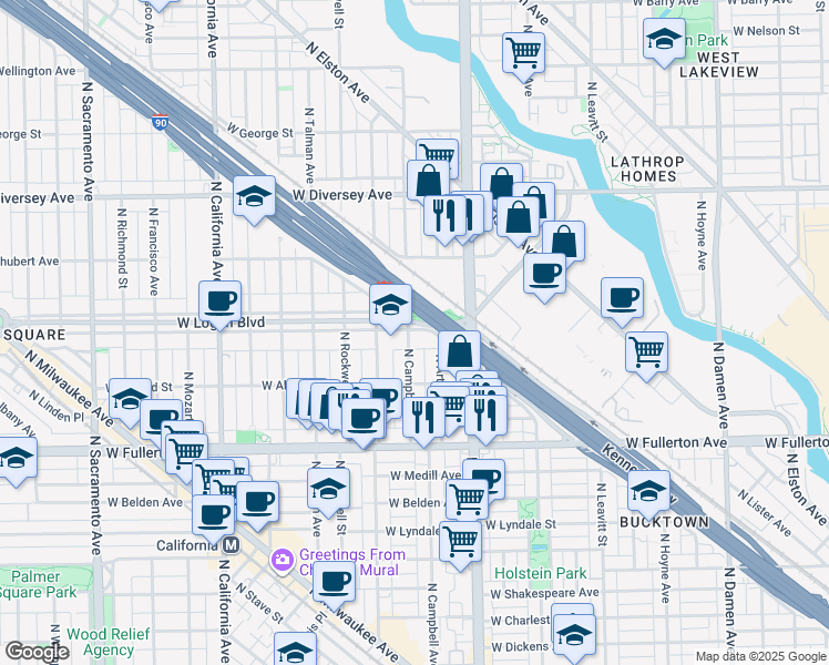 map of restaurants, bars, coffee shops, grocery stores, and more near 2518 North Campbell Avenue in Chicago