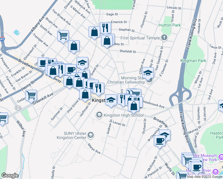 map of restaurants, bars, coffee shops, grocery stores, and more near 440 Hasbrouck Avenue in Kingston