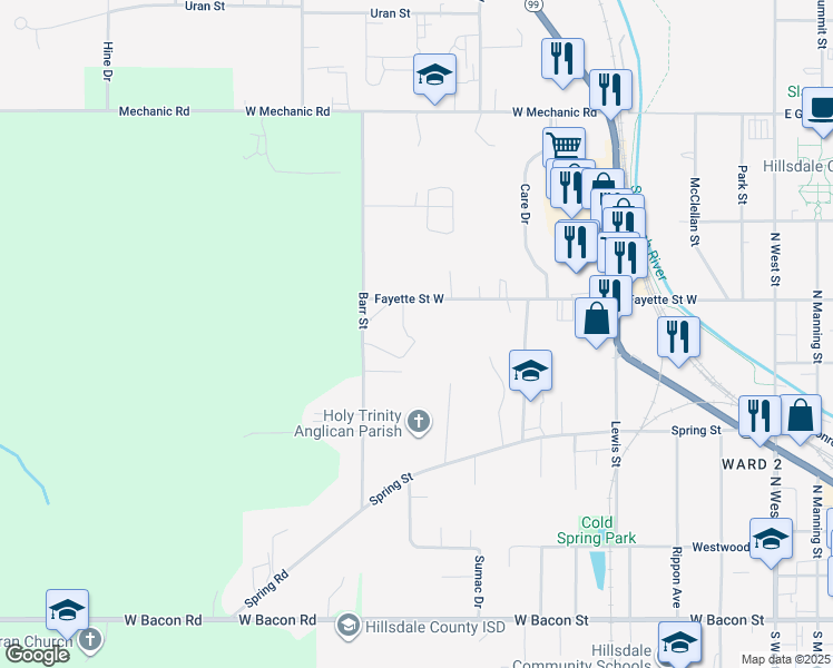 map of restaurants, bars, coffee shops, grocery stores, and more near 210 Fayette Street West in Hillsdale